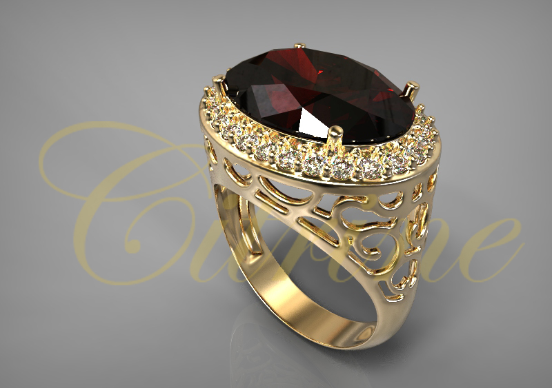 Yellow gold ring with large oval garnet and diamond halo featuring filigree details.