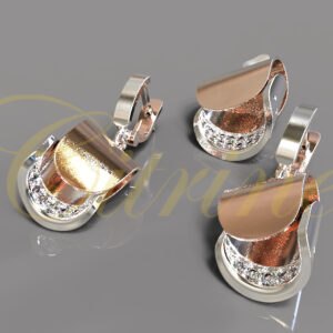 Folded rose and white gold jewelry set with pavé diamonds.