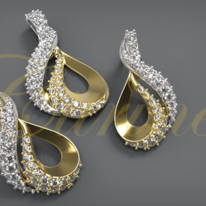 Gold teardrop jewelry set with curved diamond accents, including earrings and pendant.