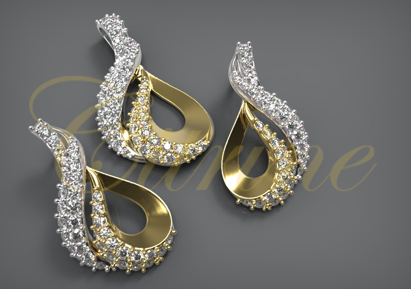 Gold teardrop jewelry set with curved diamond accents, including earrings and pendant.