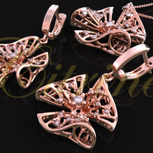 Rose gold floral lace jewelry set with diamonds, pendant and earrings.