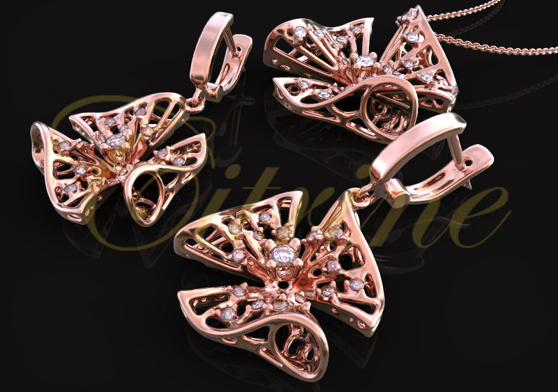 Rose gold floral lace jewelry set with diamonds, pendant and earrings.