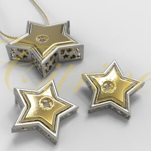 Gold and silver star-shaped jewelry set with diamonds, pendant and earrings.