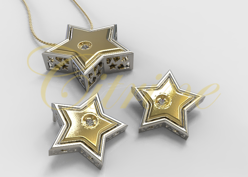 Gold and silver star-shaped jewelry set with diamonds, pendant and earrings.
