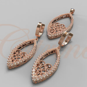 Rose gold filigree teardrop jewelry set with sparkling stones, pendant and earrings.