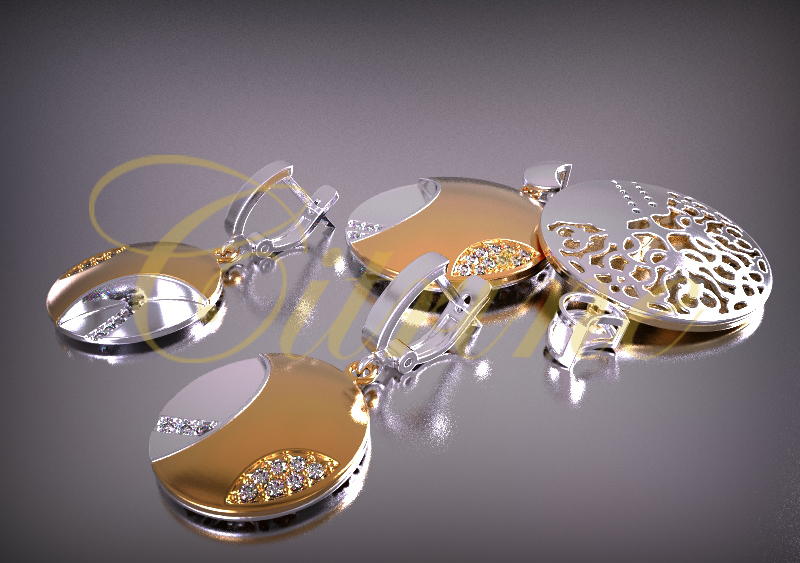 Modern bi-color disc jewelry set in gold and silver with pavé stones and filigree details.