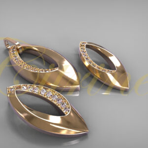 Minimalist marquise-shaped jewelry set in gold with pavé stones.