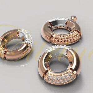 Modern circular jewelry set with pavé details and polished rose gold finish.