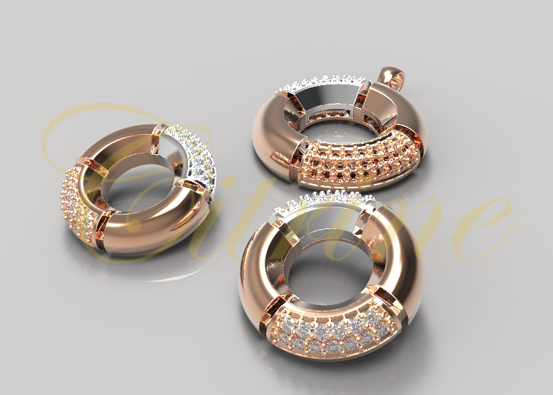 Modern circular jewelry set with pavé details and polished rose gold finish.