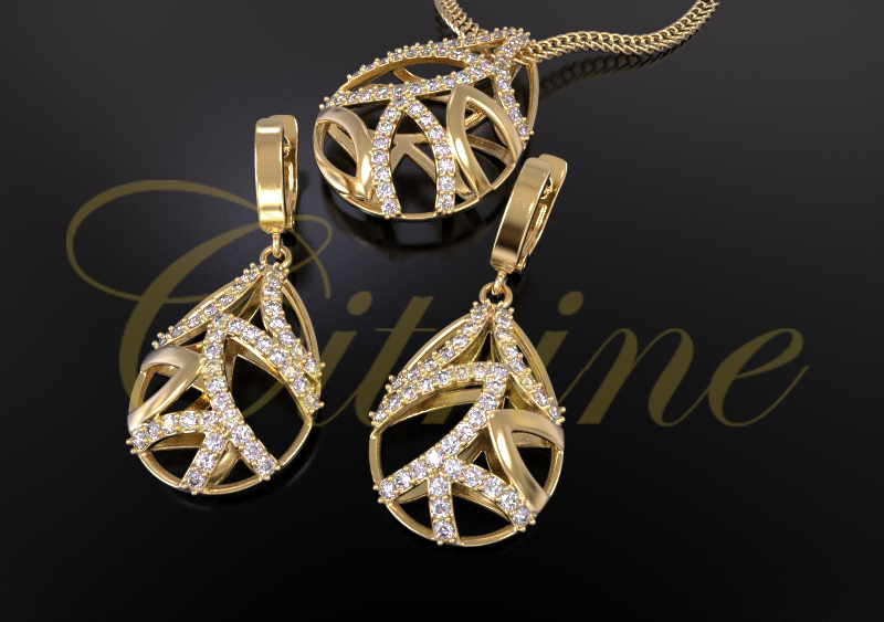Gold jewelry set with curved lines and diamond accents.