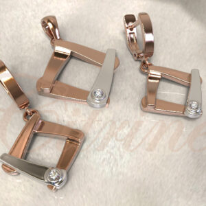 Rose and white gold modern geometric jewelry set with diamond accents.