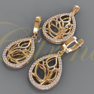 Gold teardrop jewelry set with leaf motif and pavé diamonds.