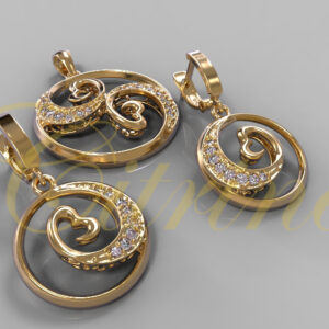Gold spiral heart jewelry set with diamonds.