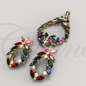 Yellow gold jewelry set with colorful marquise-cut gemstones.