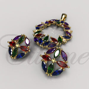 Jewelry set with circular pendant and colorful marquise gemstones.